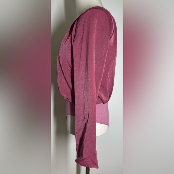 Lulus | Dusty Rose Satin Body Suit | Pleated V Neck | Long Sleeve - Picture 3 of 5